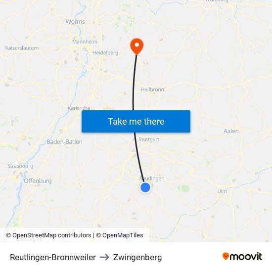 Reutlingen-Bronnweiler to Zwingenberg map