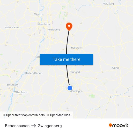 Bebenhausen to Zwingenberg map