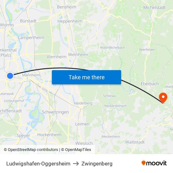 Ludwigshafen-Oggersheim to Zwingenberg map