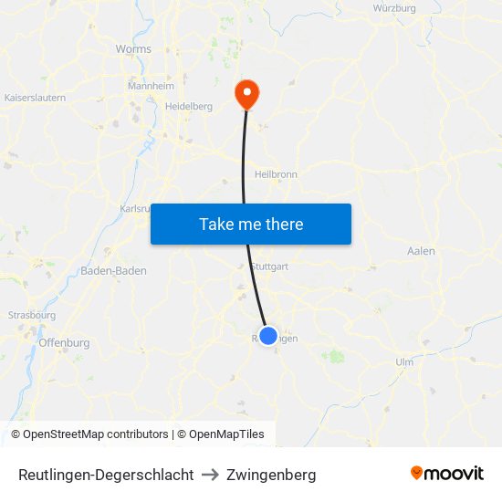 Reutlingen-Degerschlacht to Zwingenberg map