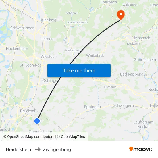 Heidelsheim to Zwingenberg map