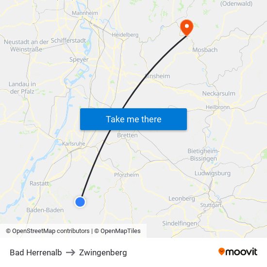 Bad Herrenalb to Zwingenberg map