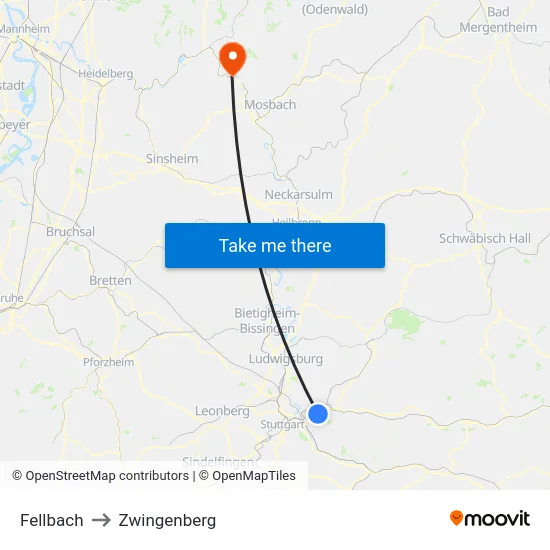 Fellbach to Zwingenberg map