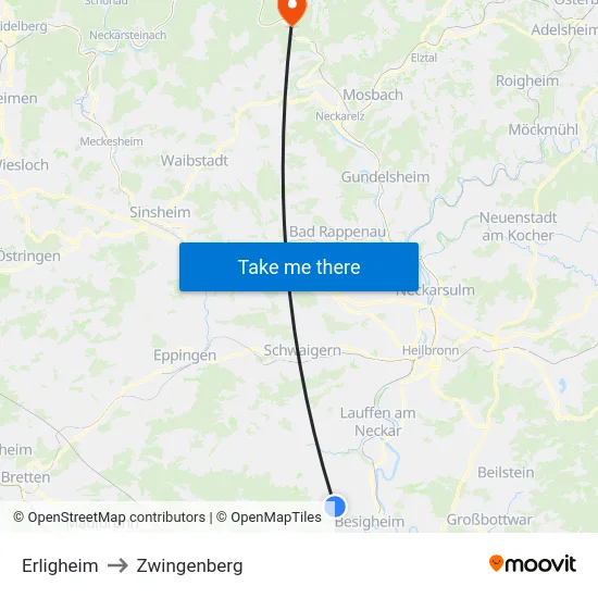Erligheim to Zwingenberg map