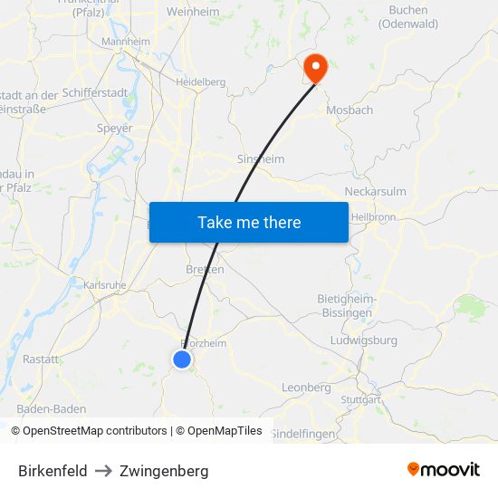 Birkenfeld to Zwingenberg map
