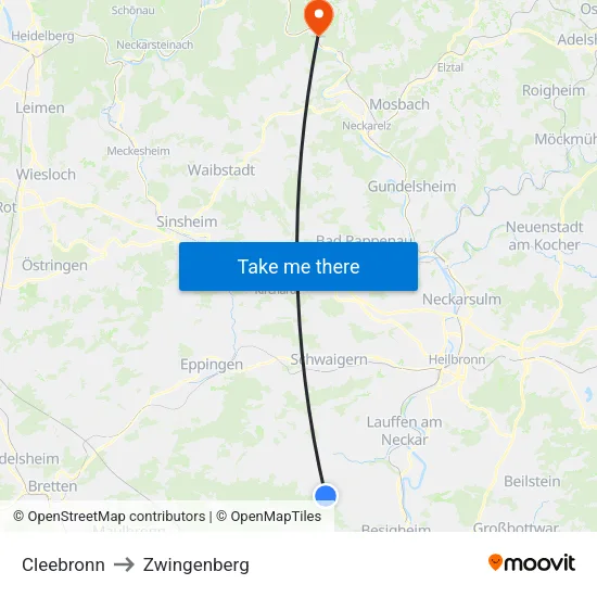 Cleebronn to Zwingenberg map