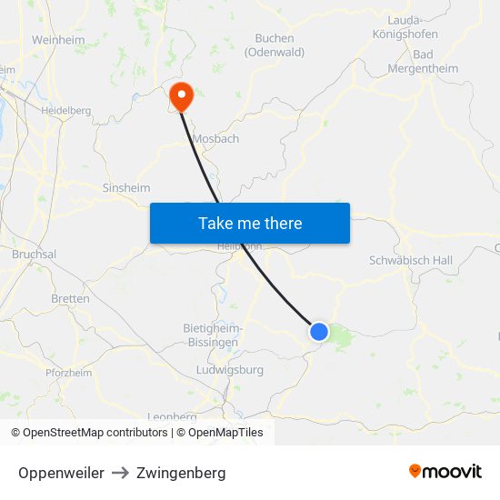 Oppenweiler to Zwingenberg map