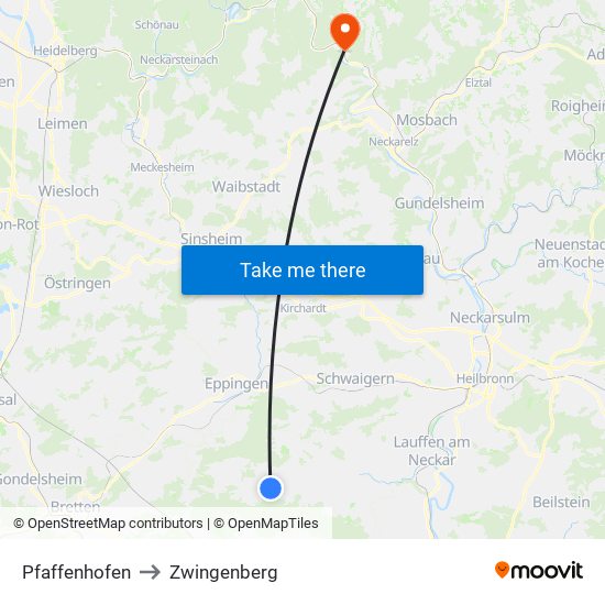 Pfaffenhofen to Zwingenberg map