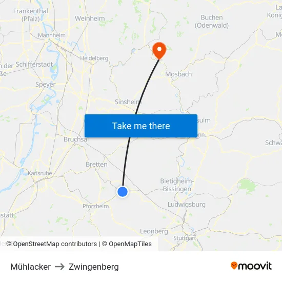 Mühlacker to Zwingenberg map