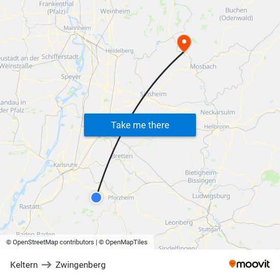 Keltern to Zwingenberg map