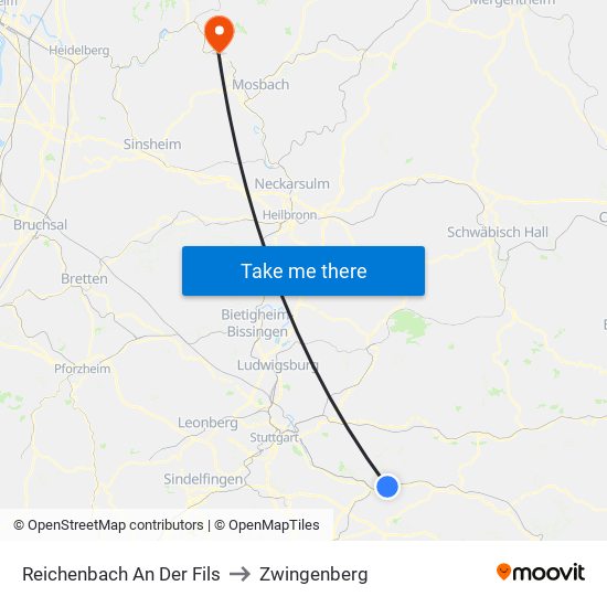 Reichenbach An Der Fils to Zwingenberg map