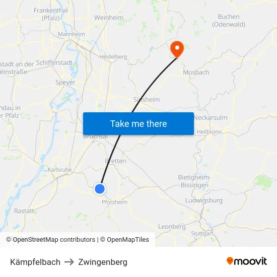 Kämpfelbach to Zwingenberg map