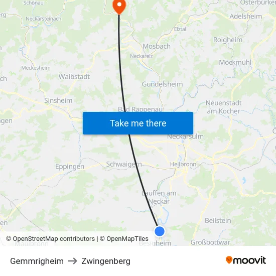 Gemmrigheim to Zwingenberg map