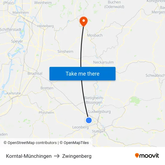 Korntal-Münchingen to Zwingenberg map
