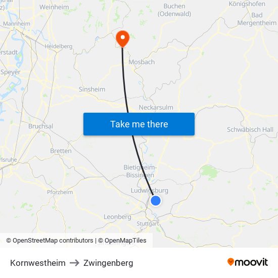 Kornwestheim to Zwingenberg map