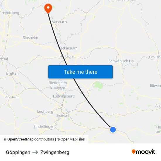 Göppingen to Zwingenberg map