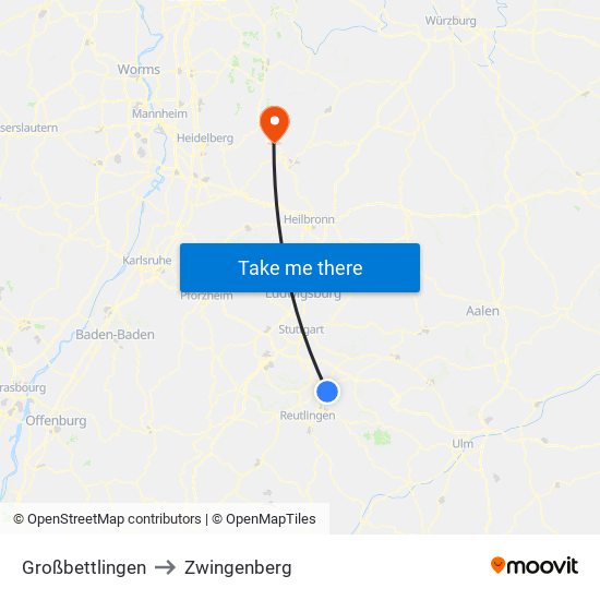Großbettlingen to Zwingenberg map