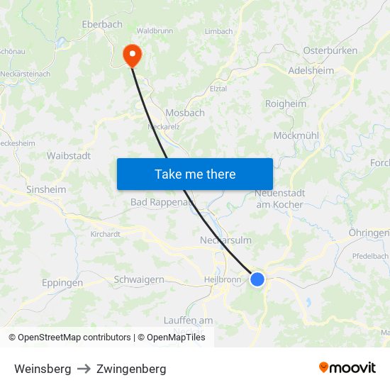 Weinsberg to Zwingenberg map