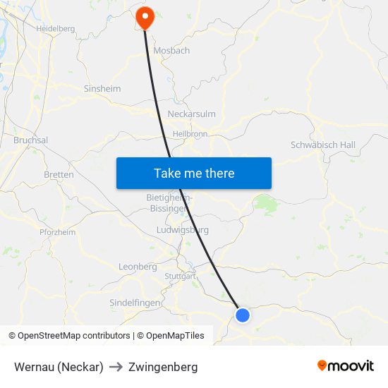 Wernau (Neckar) to Zwingenberg map