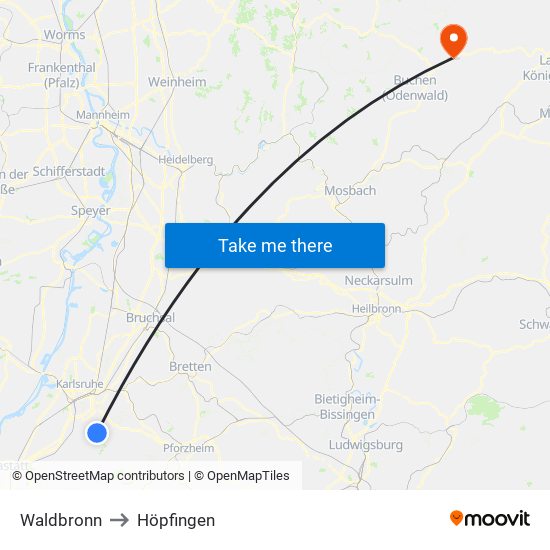 Waldbronn to Höpfingen map