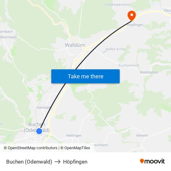 Buchen (Odenwald) to Höpfingen map