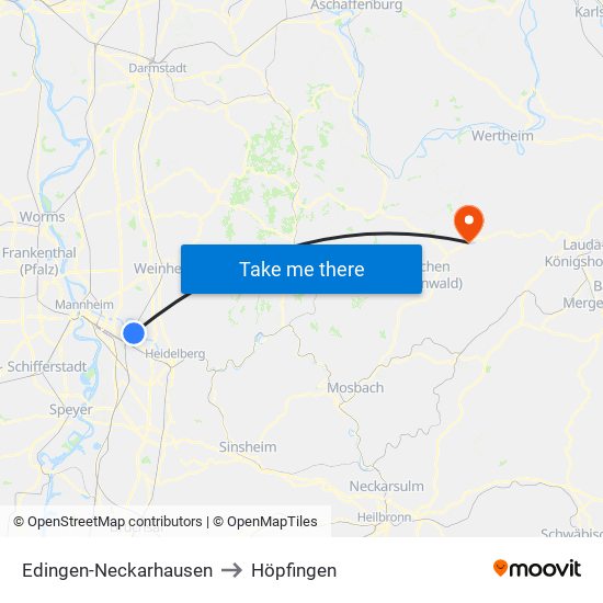 Edingen-Neckarhausen to Höpfingen map