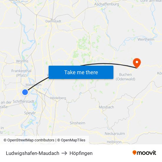 Ludwigshafen-Maudach to Höpfingen map