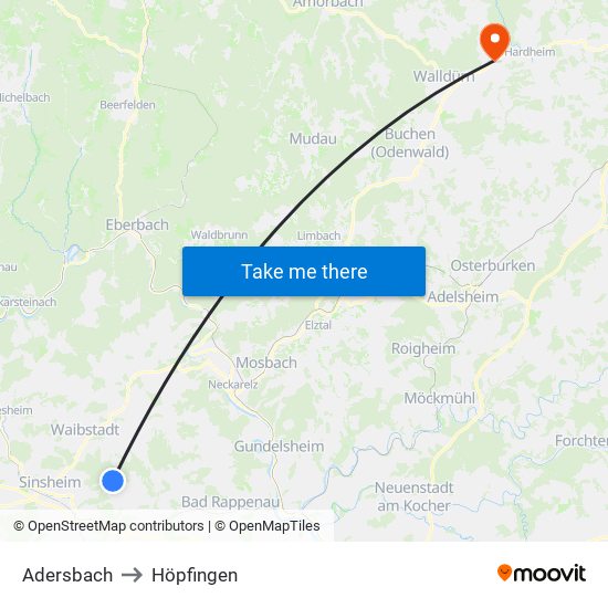 Adersbach to Höpfingen map