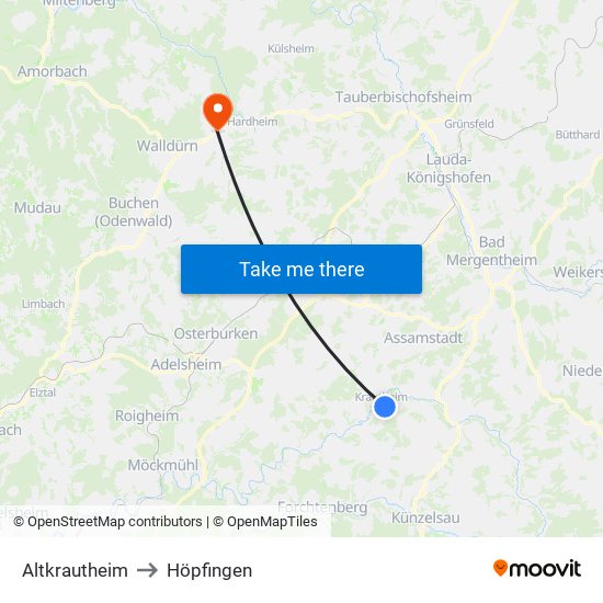 Altkrautheim to Höpfingen map