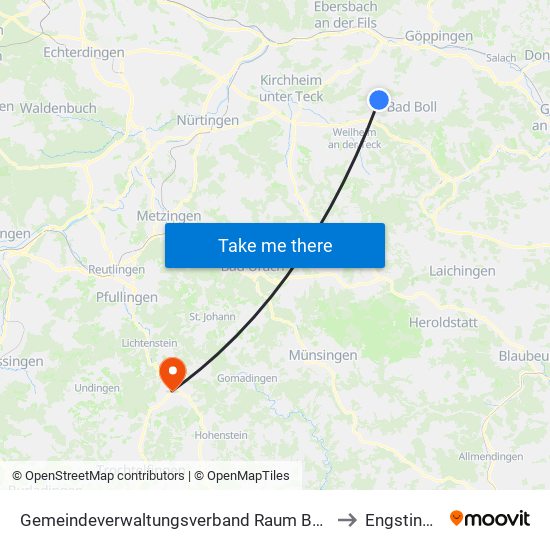 Gemeindeverwaltungsverband Raum Bad Boll to Engstingen map