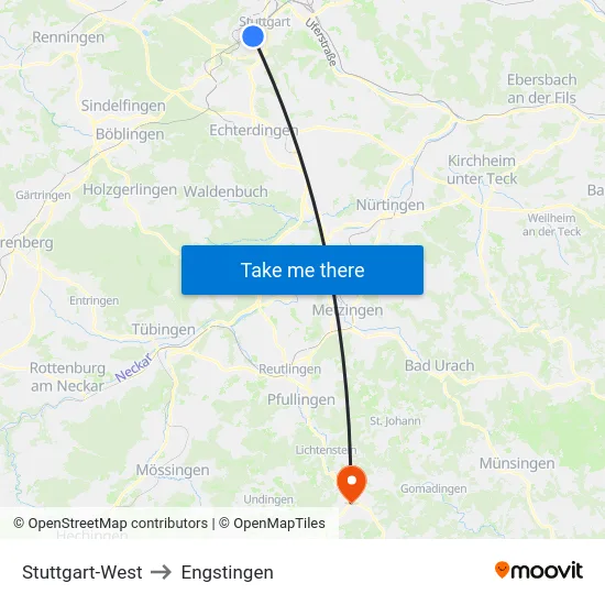 Stuttgart-West to Engstingen map