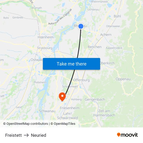 Freistett to Neuried map