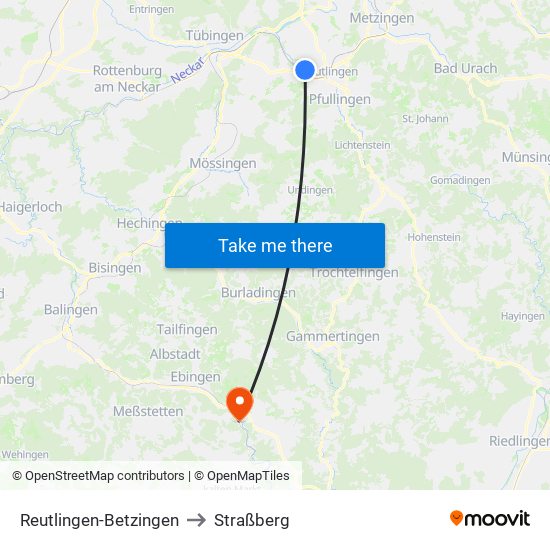 Reutlingen-Betzingen to Straßberg map