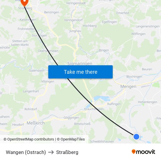 Wangen (Ostrach) to Straßberg map