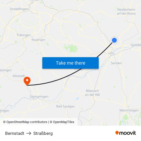 Bernstadt to Straßberg map