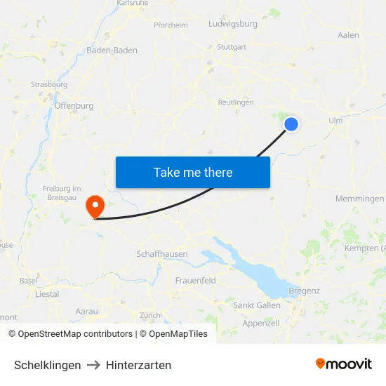 Schelklingen to Hinterzarten map