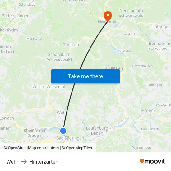 Wehr to Hinterzarten map