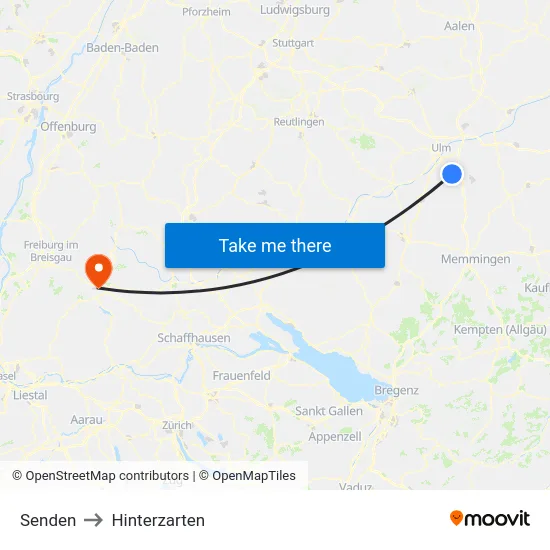 Senden to Hinterzarten map