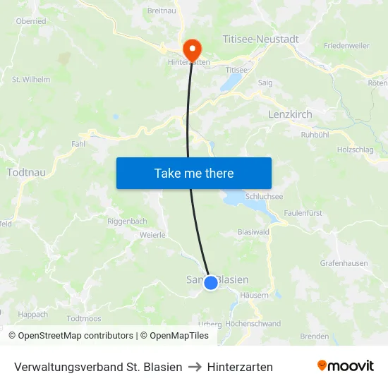 Verwaltungsverband St. Blasien to Hinterzarten map