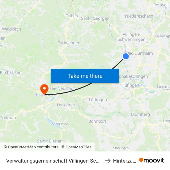 Verwaltungsgemeinschaft Villingen-Schwenningen to Hinterzarten map