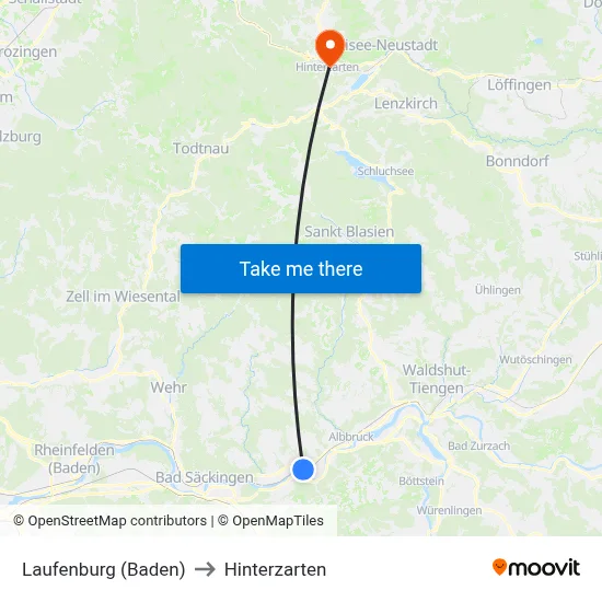 Laufenburg (Baden) to Hinterzarten map