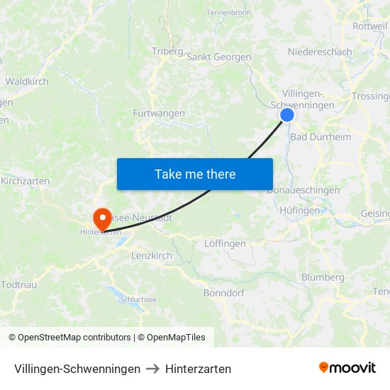 Villingen-Schwenningen to Hinterzarten map