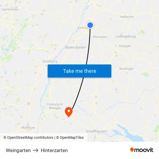 Weingarten to Hinterzarten map