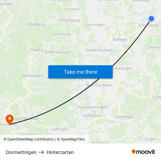 Dormettingen to Hinterzarten map