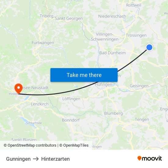 Gunningen to Hinterzarten map