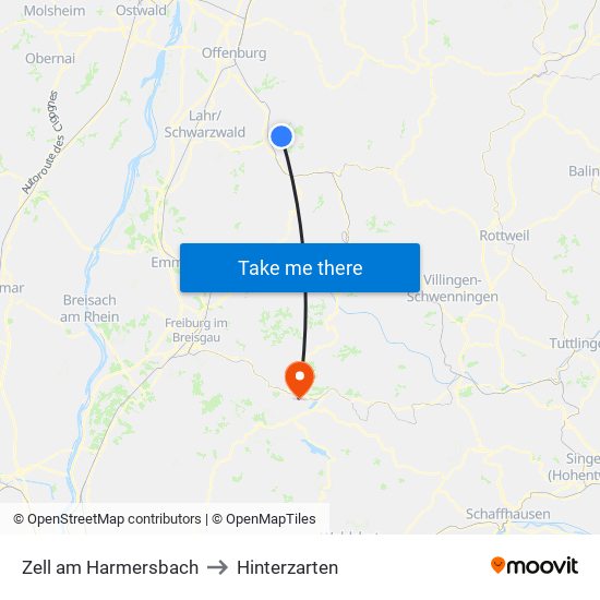 Zell am Harmersbach to Hinterzarten map