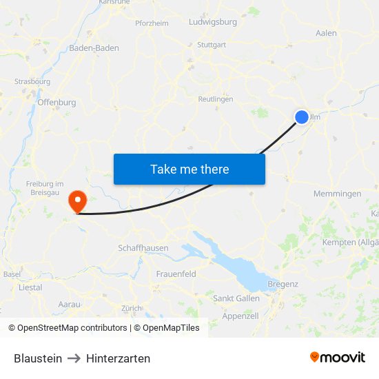 Blaustein to Hinterzarten map