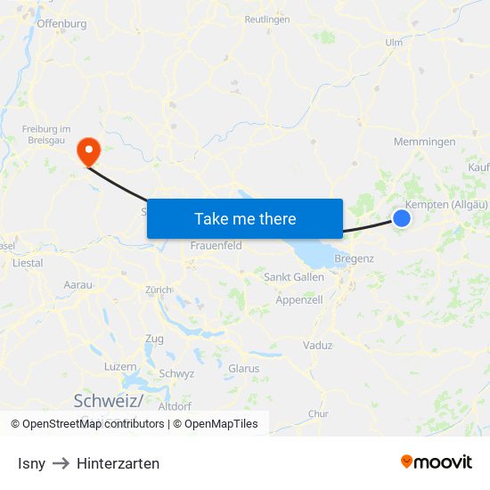 Isny to Hinterzarten map