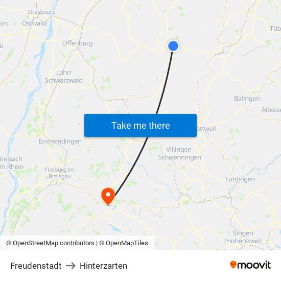 Freudenstadt to Hinterzarten map