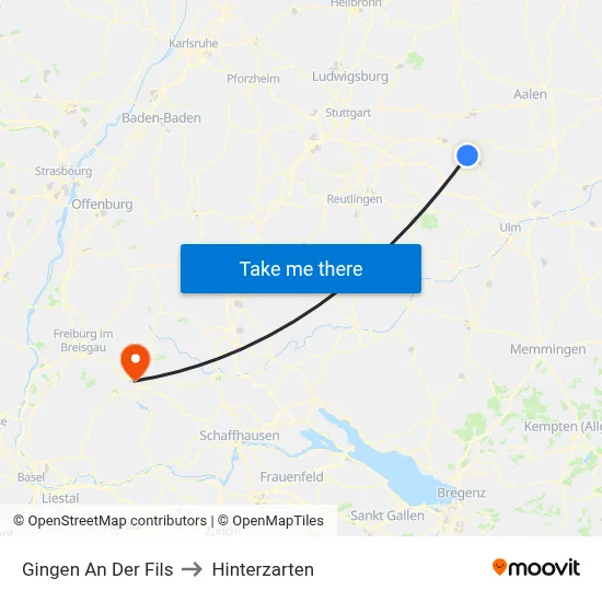Gingen An Der Fils to Hinterzarten map